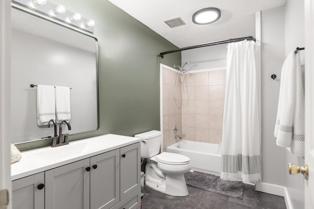 5070 Ridge Rd, Joelton, TN 37080 - full bathroom featuring vanity, shower / bath combo with shower curtain, tile patterned floors, toilet, and visible vents