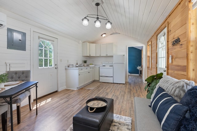 10931 Beechcraft Rd, Bon Aqua, TN 37025 - kitchen with white appliances, light countertops, electric panel, wooden ceiling, and vaulted ceiling