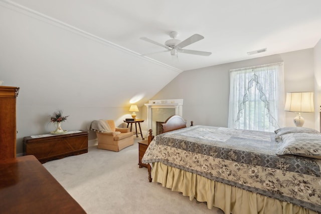 1494 Grant Rd, Watertown, TN 37184 - bedroom featuring a ceiling fan, light colored carpet, lofted ceiling, and visible vents