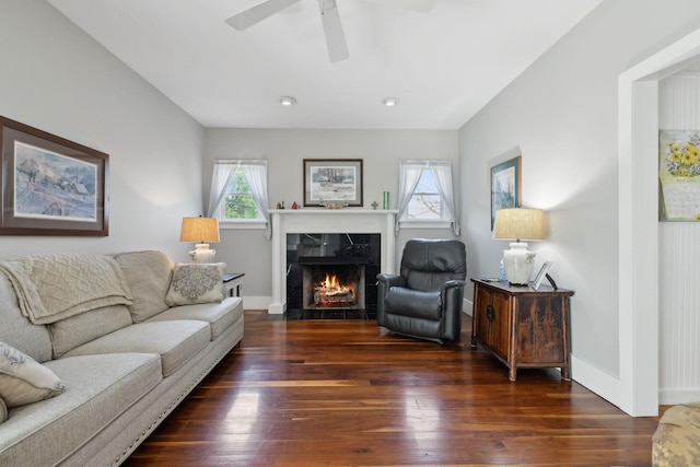 1494 Grant Rd, Watertown, TN 37184 - living room with wood-type flooring, ceiling fan, baseboards, and a high end fireplace
