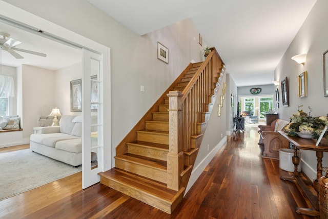 1494 Grant Rd, Watertown, TN 37184 - staircase featuring baseboards, a ceiling fan, and hardwood / wood-style flooring