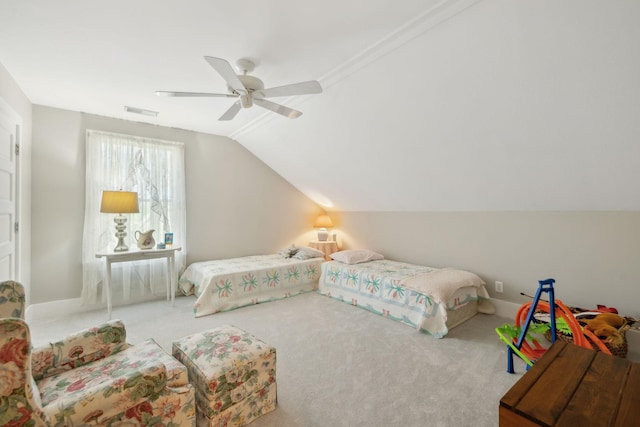 1494 Grant Rd, Watertown, TN 37184 - carpeted bedroom with visible vents, baseboards, ceiling fan, and vaulted ceiling