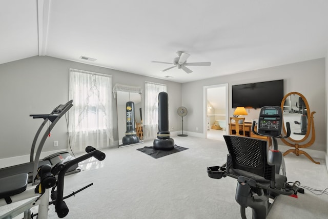 1494 Grant Rd, Watertown, TN 37184 - exercise room with carpet flooring, a ceiling fan, visible vents, and lofted ceiling