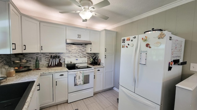 4471 Seminary Rd, Smyrna, TN 37167 - kitchen featuring white appliances, decorative backsplash, ornamental molding, and under cabinet range hood