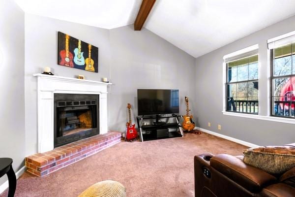 living room featuring carpet flooring, a fireplace, and baseboards