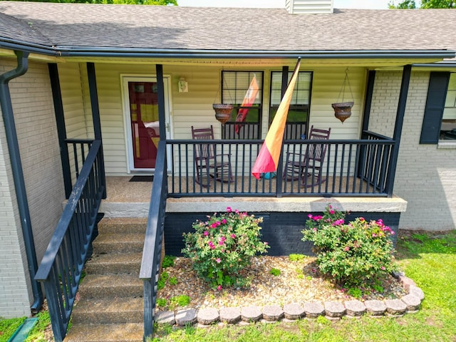 doorway to property featuring a porch, roof with shingles, and brick siding