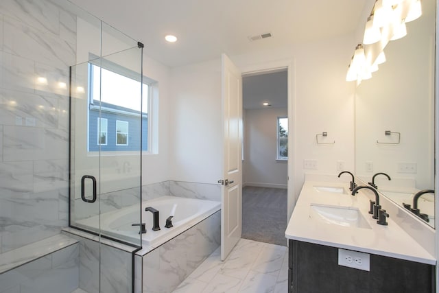 full bath with a shower stall, a sink, visible vents, a garden tub, and marble finish floor