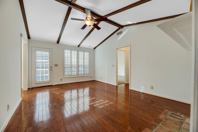 1202 General George Patton Rd, Nashville, TN 37221 - unfurnished living room featuring hardwood / wood-style flooring, ceiling fan, lofted ceiling with beams, visible vents, and baseboards