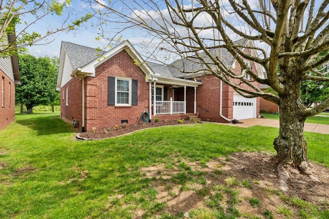 ranch-style house with driveway, brick siding, a porch, a front lawn, and a garage