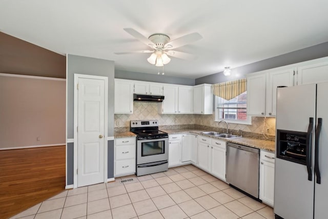 kitchen with appliances with stainless steel finishes, tasteful backsplash, white cabinets, and a sink