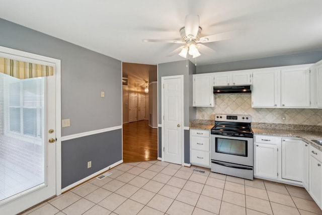 kitchen featuring backsplash, white cabinetry, stainless steel range with electric cooktop, and under cabinet range hood
