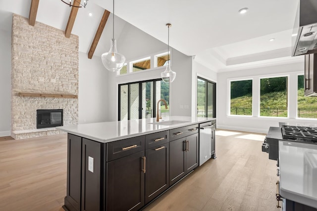 kitchen with light wood finished floors, range hood, a sink, light countertops, and open floor plan