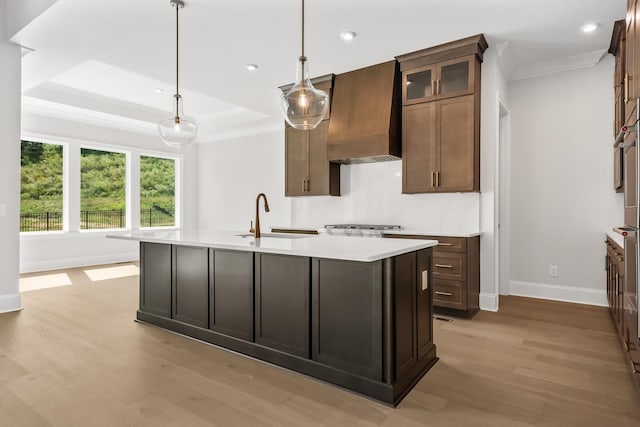 kitchen featuring a sink, light wood-style floors, light countertops, baseboards, and custom exhaust hood