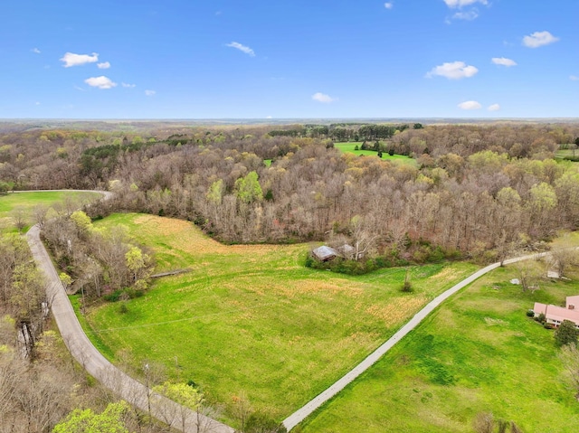 drone / aerial view with a wooded view
