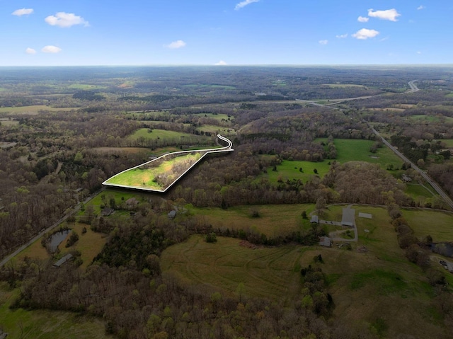 bird's eye view featuring a rural view and a view of trees