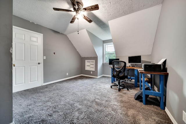 106 Windellwood Cir, Smyrna, TN 37167 - office area with a textured ceiling, a ceiling fan, carpet floors, baseboards, and vaulted ceiling