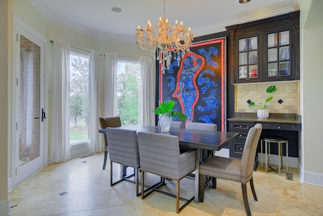 140 Lake Shore Ln, Henderson, TN 38340 - dining area with crown molding, an inviting chandelier, and light tile patterned floors