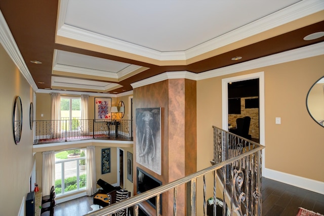 140 Lake Shore Ln, Henderson, TN 38340 - hall featuring dark wood-type flooring, baseboards, an upstairs landing, and crown molding