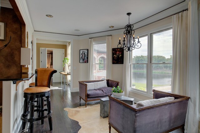 140 Lake Shore Ln, Henderson, TN 38340 - sitting room featuring crown molding, hardwood / wood-style floors, a water view, baseboards, and an inviting chandelier
