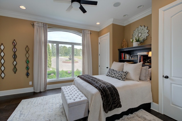 140 Lake Shore Ln, Henderson, TN 38340 - bedroom featuring baseboards, recessed lighting, ornamental molding, ceiling fan, and dark wood-style floors