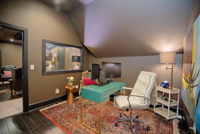 140 Lake Shore Ln, Henderson, TN 38340 - home office with vaulted ceiling, wood finished floors, and baseboards