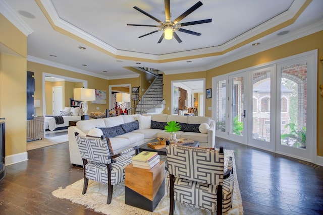 140 Lake Shore Ln, Henderson, TN 38340 - living room with hardwood / wood-style floors, stairway, a raised ceiling, and ceiling fan