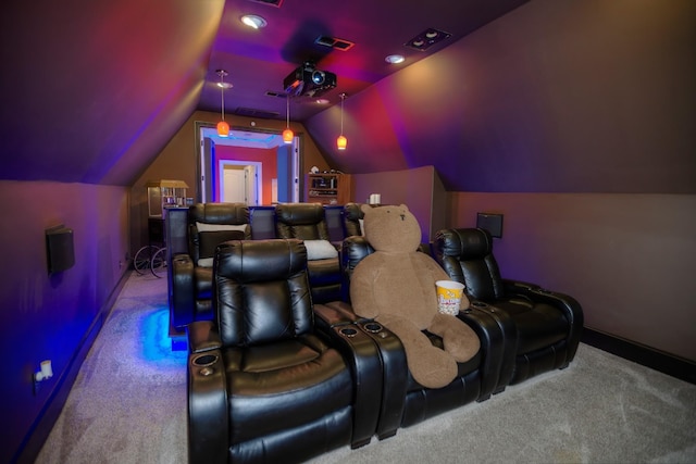 140 Lake Shore Ln, Henderson, TN 38340 - carpeted cinema room featuring visible vents, vaulted ceiling, and baseboards