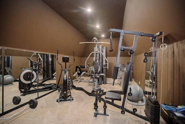 140 Lake Shore Ln, Henderson, TN 38340 - workout area featuring carpet flooring and vaulted ceiling