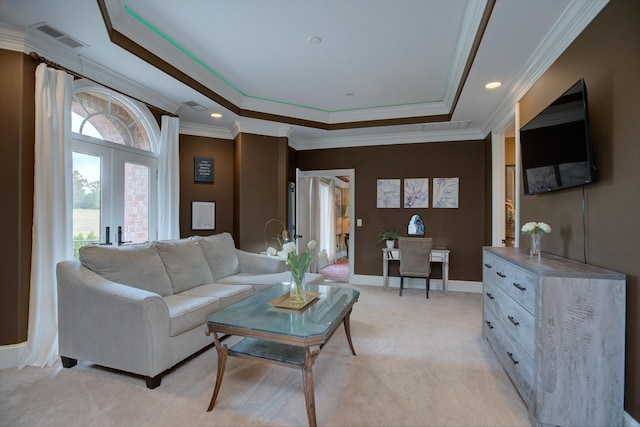 140 Lake Shore Ln, Henderson, TN 38340 - living area with light colored carpet, a raised ceiling, visible vents, ornamental molding, and french doors
