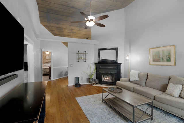 2561 Edinburgh St, Old Hickory, TN 37138 - living room with wood ceiling, ceiling fan, a lit fireplace, and high vaulted ceiling