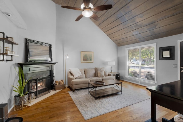2561 Edinburgh St, Old Hickory, TN 37138 - living room featuring ceiling fan, a fireplace with flush hearth, wooden ceiling, wood finished floors, and lofted ceiling