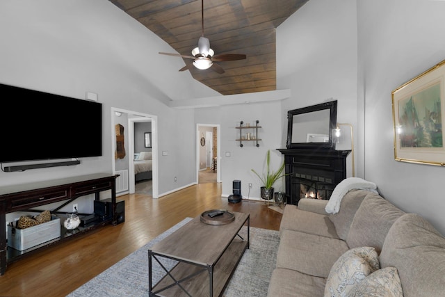 2561 Edinburgh St, Old Hickory, TN 37138 - living room with a fireplace with flush hearth, high vaulted ceiling, a ceiling fan, and wood finished floors