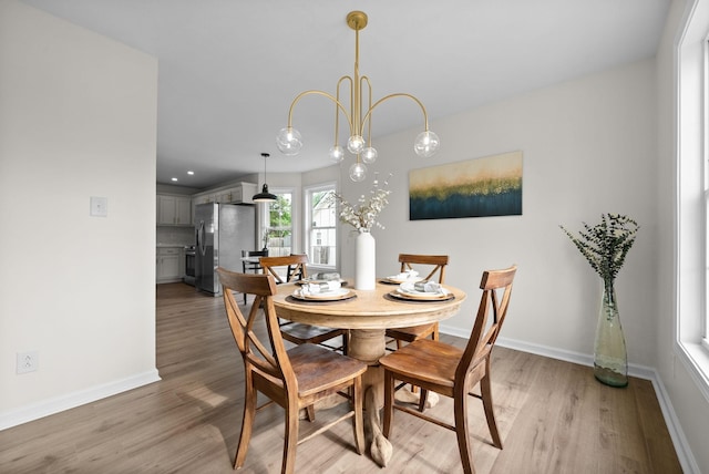 dining room featuring recessed lighting, light wood finished floors, and baseboards