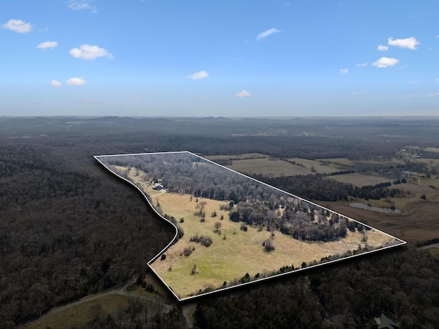 birds eye view of property featuring a wooded view