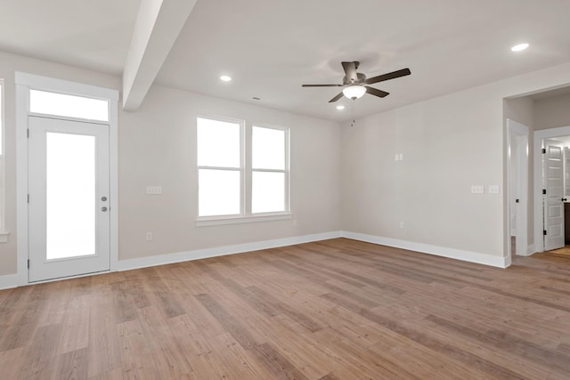 entrance foyer with baseboards, recessed lighting, a ceiling fan, and light wood finished floors
