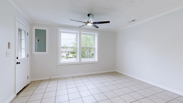 unfurnished room featuring ornamental molding, visible vents, ceiling fan, and electric panel