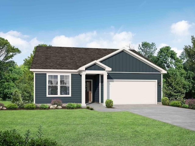 view of front of house featuring board and batten siding, a garage, roof with shingles, a front yard, and concrete driveway