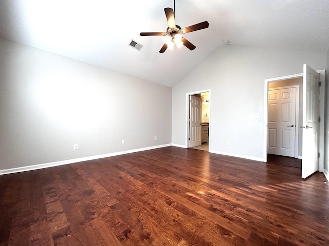 unfurnished bedroom with visible vents, ceiling fan, baseboards, dark wood finished floors, and high vaulted ceiling