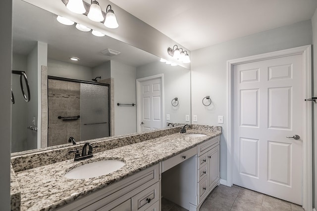 full bathroom with visible vents, a shower stall, double vanity, and a sink