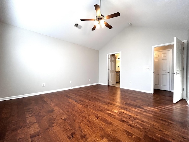 unfurnished bedroom with ceiling fan, high vaulted ceiling, visible vents, baseboards, and dark wood finished floors