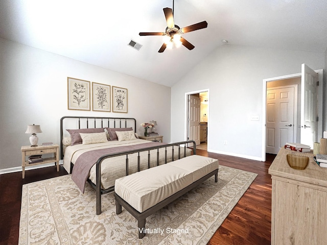 bedroom featuring visible vents, ceiling fan, baseboards, wood finished floors, and high vaulted ceiling