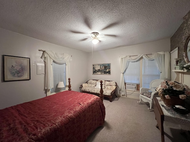 bedroom featuring cooling unit, a ceiling fan, and carpet floors