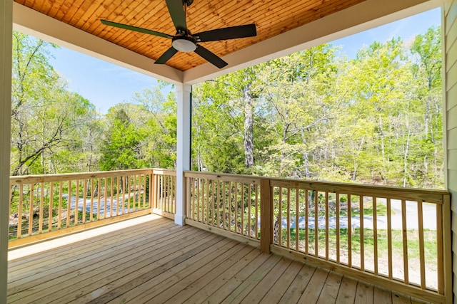 wooden terrace featuring ceiling fan