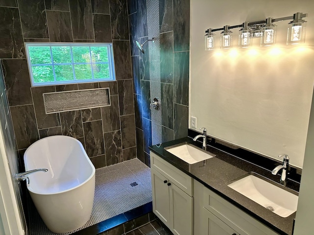 full bathroom featuring double vanity, a sink, a tile shower, and a soaking tub