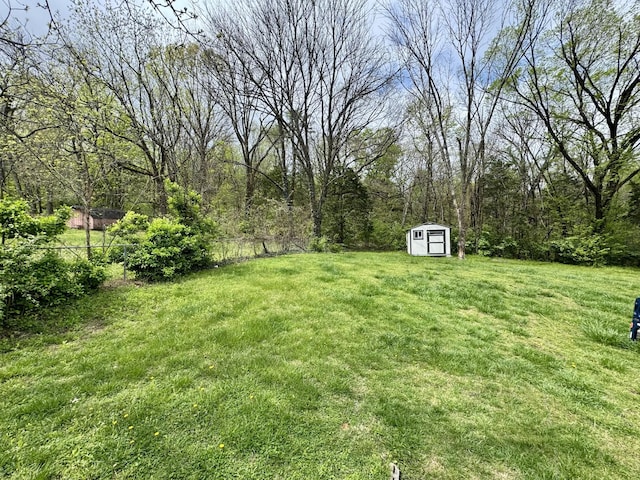 view of yard featuring fence, a storage unit, and an outdoor structure