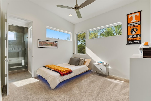 carpeted bedroom featuring ceiling fan, recessed lighting, ensuite bath, and baseboards