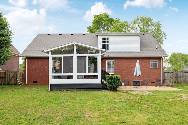 108 Braley Ct, Murfreesboro, TN 37129 - back of house with a patio, a sunroom, a fenced backyard, brick siding, and a shingled roof