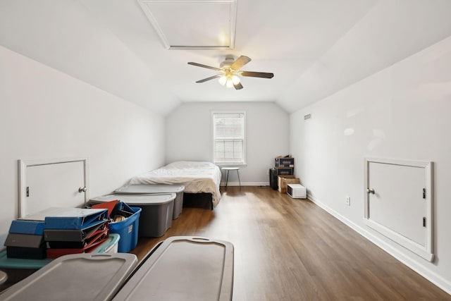 108 Braley Ct, Murfreesboro, TN 37129 - bedroom with wood finished floors, lofted ceiling, a ceiling fan, and attic access