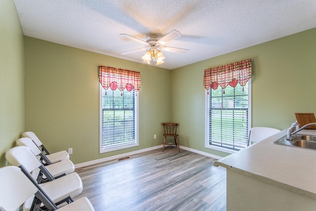 sitting room featuring ceiling fan, a healthy amount of sunlight, a textured ceiling, and light wood finished floors