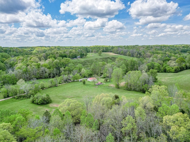 bird's eye view featuring a rural view and a forest view